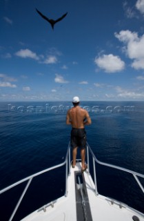 A man fishing off bow of boat as a bird flies through the clouds overhead in the waters off of Costa Rica.