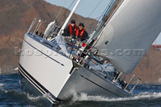 Sean Broe and Anton Muzik (mustache) sail aboard the Swan 48 sloop, COLIBRI, near the Golden Gate Bridge just outside San Francisco Bay, beneath the Marin Headlands on October 10, 2008.