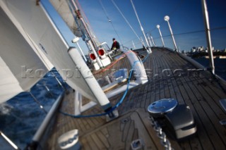 Sean Broe sails aboard the Swan 48 sloop, COLIBRI, on the waters of San Francisco Bay on October 21, 2008.