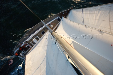 Sean Broe left and Anton Muzik right sail aboard the Swan 48 sloop COLIBRI on the waters of San Fran