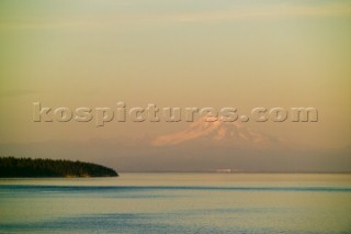 A view of Mt. Baker from the deck of the MV Explorer as it sails from Vancouver, BC on the first leg of its journey around the world.