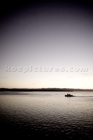 Fishing boat on the Pacific ocean near Washington at sunset