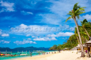 Boats anchored at Seven Commando Beach, El Nido, Palawan, Philippines