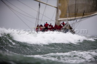 J Class racing in the J Class Regatta on The Solent, Isle of Wight, UK on July 18th 2012. Winds gusted over 30 knots during a close fought two hour race between four giant yachts built in the 1930s to race in the Americas Cup