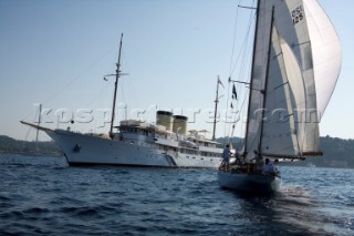 Argyll gybes towards the finish line marked by Talitha during the Blue Bird Cup 2011