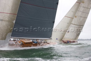 JULY 18 - COWES, UK: the J Class yacht Ranger racing in the J Class Regatta on The Solent, Isle of Wight, UK on July 18th 2012. Winds gusted over 30 knots during a close fought two hour race between four giant yachts built in the 1930s to race in the Americas Cup (Picture by: Kos/Kos Picture Source via Getty Images)