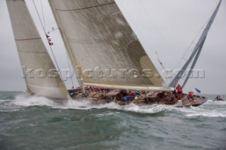 JULY 18 - COWES, UK: the J Class yacht Velsheda racing in the J Class Regatta on The Solent, Isle of Wight, UK on July 18th 2012. Winds gusted over 30 knots during a close fought two hour race between four giant yachts built in the 1930s to race in the Americas Cup (Picture by: Kos/Kos Picture Source via Getty Images)