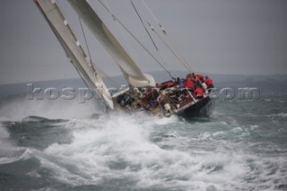 JULY 18 - COWES, UK: the J Class yacht Velsheda racing in the J Class Regatta on The Solent, Isle of Wight, UK on July 18th 2012. Winds gusted over 30 knots during a close fought two hour race between four giant yachts built in the 1930s to race in the Americas Cup (Picture by: Kos/Kos Picture Source via Getty Images)