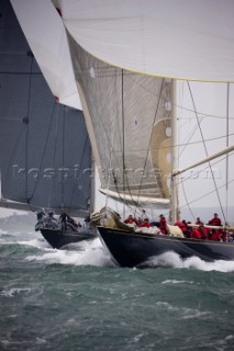 JULY 18 - COWES, UK: the J Class yacht Velsheda racing in the J Class Regatta on The Solent, Isle of Wight, UK on July 18th 2012. Winds gusted over 30 knots during a close fought two hour race between four giant yachts built in the 1930s to race in the Americas Cup (Picture by: Kos/Kos Picture Source via Getty Images)