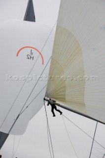 JULY 18 - COWES, UK: the J Class yacht Ranger racing in the J Class Regatta on The Solent, Isle of Wight, UK on July 18th 2012. Winds gusted over 30 knots during a close fought two hour race between four giant yachts built in the 1930s to race in the Americas Cup (Picture by: Kos/Kos Picture Source via Getty Images)