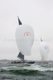 JULY 18 - COWES, UK: the J Class yacht Rainbow racing in the J Class Regatta on The Solent, Isle of Wight, UK on July 18th 2012. Winds gusted over 30 knots during a close fought two hour race between four giant yachts built in the 1930s to race in the Americas Cup (Picture by: Kos/Kos Picture Source via Getty Images)