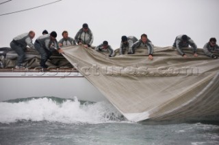 JULY 18 - COWES, UK: the J Class yacht Ranger racing in the J Class Regatta on The Solent, Isle of Wight, UK on July 18th 2012. Winds gusted over 30 knots during a close fought two hour race between four giant yachts built in the 1930s to race in the Americas Cup (Picture by: Kos/Kos Picture Source via Getty Images)