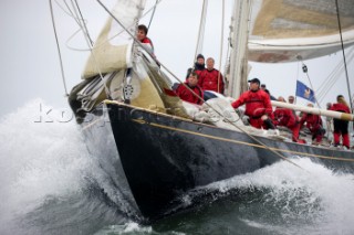 JULY 18 - COWES, UK: the J Class yacht Velsheda racing in the J Class Regatta on The Solent, Isle of Wight, UK on July 18th 2012. Winds gusted over 30 knots during a close fought two hour race between four giant yachts built in the 1930s to race in the Americas Cup (Picture by: Kos/Kos Picture Source via Getty Images)