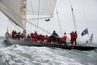 JULY 18 - COWES, UK: the J Class yacht Velsheda racing in the J Class Regatta on The Solent, Isle of Wight, UK on July 18th 2012. Winds gusted over 30 knots during a close fought two hour race between four giant yachts built in the 1930s to race in the Americas Cup (Picture by: Kos/Kos Picture Source via Getty Images)