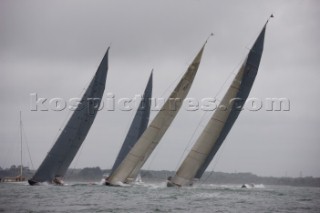 JULY 18 - COWES, UK: Fleet start during racing in the J Class Regatta on The Solent, Isle of Wight, UK on July 18th 2012. Winds gusted over 30 knots during a close fought two hour race between four giant yachts built in the 1930s to race in the Americas Cup (Picture by: Kos/Kos Picture Source via Getty Images)