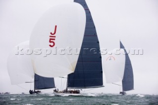 J Class racing in the J Class Regatta on The Solent, Isle of Wight, UK on July 18th 2012. Winds gusted over 30 knots during a close fought two hour race between four giant yachts built in the 1930s to race in the Americas Cup