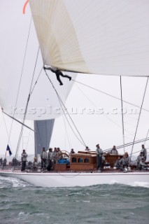 J Class racing in the J Class Regatta on The Solent, Isle of Wight, UK on July 18th 2012. Winds gusted over 30 knots during a close fought two hour race between four giant yachts built in the 1930s to race in the Americas Cup