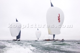 J Class racing in the J Class Regatta on The Solent, Isle of Wight, UK on July 18th 2012. Winds gusted over 30 knots during a close fought two hour race between four giant yachts built in the 1930s to race in the Americas Cup