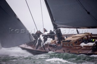 J Class racing in the J Class Regatta on The Solent, Isle of Wight, UK on July 18th 2012. Winds gusted over 30 knots during a close fought two hour race between four giant yachts built in the 1930s to race in the Americas Cup