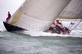 J Class racing in the J Class Regatta on The Solent, Isle of Wight, UK on July 18th 2012. Winds gusted over 30 knots during a close fought two hour race between four giant yachts built in the 1930s to race in the Americas Cup