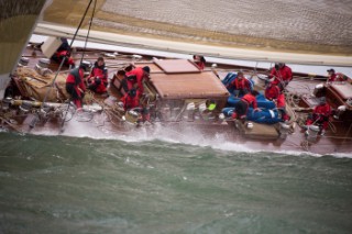 J Class racing in the J Class Regatta on The Solent, Isle of Wight, UK on July 18th 2012. Winds gusted over 30 knots during a close fought two hour race between four giant yachts built in the 1930s to race in the Americas Cup