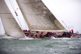 J Class racing in the J Class Regatta on The Solent, Isle of Wight, UK on July 18th 2012. Winds gusted over 30 knots during a close fought two hour race between four giant yachts built in the 1930s to race in the Americas Cup