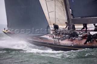 J Class racing in the J Class Regatta on The Solent, Isle of Wight, UK on July 18th 2012. Winds gusted over 30 knots during a close fought two hour race between four giant yachts built in the 1930s to race in the Americas Cup