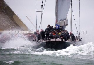 J Class racing in the J Class Regatta on The Solent, Isle of Wight, UK on July 18th 2012. Winds gusted over 30 knots during a close fought two hour race between four giant yachts built in the 1930s to race in the Americas Cup