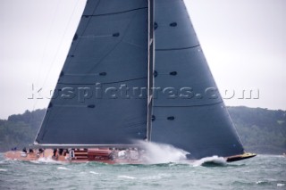 J Class racing in the J Class Regatta on The Solent, Isle of Wight, UK on July 18th 2012. Winds gusted over 30 knots during a close fought two hour race between four giant yachts built in the 1930s to race in the Americas Cup