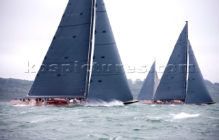 J Class racing in the J Class Regatta on The Solent, Isle of Wight, UK on July 18th 2012. Winds gusted over 30 knots during a close fought two hour race between four giant yachts built in the 1930s to race in the Americas Cup