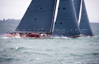 J Class racing in the J Class Regatta on The Solent, Isle of Wight, UK on July 18th 2012. Winds gusted over 30 knots during a close fought two hour race between four giant yachts built in the 1930s to race in the Americas Cup