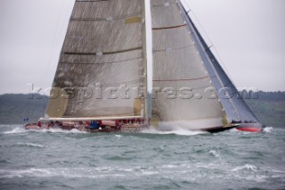 J Class racing in the J Class Regatta on The Solent, Isle of Wight, UK on July 18th 2012. Winds gusted over 30 knots during a close fought two hour race between four giant yachts built in the 1930s to race in the Americas Cup