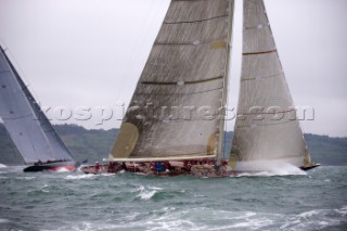 J Class racing in the J Class Regatta on The Solent, Isle of Wight, UK on July 18th 2012. Winds gusted over 30 knots during a close fought two hour race between four giant yachts built in the 1930s to race in the Americas Cup