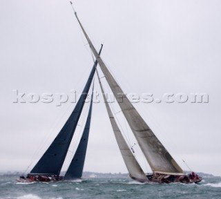 J Class racing in the J Class Regatta on The Solent, Isle of Wight, UK on July 18th 2012. Winds gusted over 30 knots during a close fought two hour race between four giant yachts built in the 1930s to race in the Americas Cup