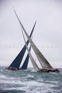 J Class racing in the J Class Regatta on The Solent, Isle of Wight, UK on July 18th 2012. Winds gusted over 30 knots during a close fought two hour race between four giant yachts built in the 1930s to race in the Americas Cup