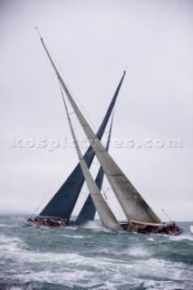 J Class racing in the J Class Regatta on The Solent, Isle of Wight, UK on July 18th 2012. Winds gusted over 30 knots during a close fought two hour race between four giant yachts built in the 1930s to race in the Americas Cup