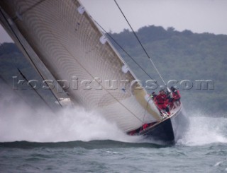 J Class racing in the J Class Regatta on The Solent, Isle of Wight, UK on July 18th 2012. Winds gusted over 30 knots during a close fought two hour race between four giant yachts built in the 1930s to race in the Americas Cup