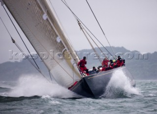 J Class racing in the J Class Regatta on The Solent, Isle of Wight, UK on July 18th 2012. Winds gusted over 30 knots during a close fought two hour race between four giant yachts built in the 1930s to race in the Americas Cup