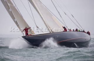 J Class racing in the J Class Regatta on The Solent, Isle of Wight, UK on July 18th 2012. Winds gusted over 30 knots during a close fought two hour race between four giant yachts built in the 1930s to race in the Americas Cup