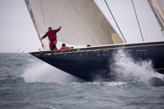 J Class racing in the J Class Regatta on The Solent, Isle of Wight, UK on July 18th 2012. Winds gusted over 30 knots during a close fought two hour race between four giant yachts built in the 1930s to race in the Americas Cup