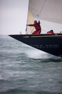 J Class racing in the J Class Regatta on The Solent, Isle of Wight, UK on July 18th 2012. Winds gusted over 30 knots during a close fought two hour race between four giant yachts built in the 1930s to race in the Americas Cup