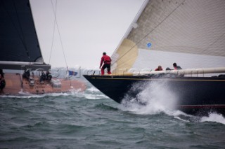 J Class racing in the J Class Regatta on The Solent, Isle of Wight, UK on July 18th 2012. Winds gusted over 30 knots during a close fought two hour race between four giant yachts built in the 1930s to race in the Americas Cup