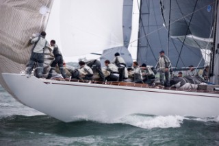 J Class racing in the J Class Regatta on The Solent, Isle of Wight, UK on July 18th 2012. Winds gusted over 30 knots during a close fought two hour race between four giant yachts built in the 1930s to race in the Americas Cup