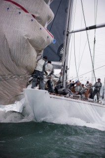 J Class racing in the J Class Regatta on The Solent, Isle of Wight, UK on July 18th 2012. Winds gusted over 30 knots during a close fought two hour race between four giant yachts built in the 1930s to race in the Americas Cup