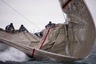 J Class racing in the J Class Regatta on The Solent, Isle of Wight, UK on July 18th 2012. Winds gusted over 30 knots during a close fought two hour race between four giant yachts built in the 1930s to race in the Americas Cup