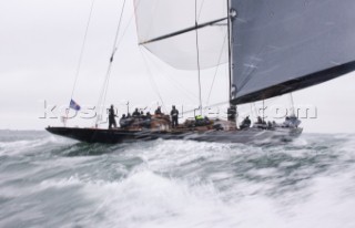 J Class racing in the J Class Regatta on The Solent, Isle of Wight, UK on July 18th 2012. Winds gusted over 30 knots during a close fought two hour race between four giant yachts built in the 1930s to race in the Americas Cup