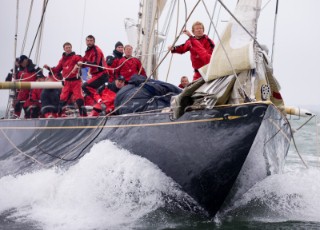 J Class racing in the J Class Regatta on The Solent, Isle of Wight, UK on July 18th 2012. Winds gusted over 30 knots during a close fought two hour race between four giant yachts built in the 1930s to race in the Americas Cup