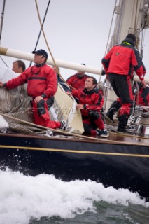 J Class racing in the J Class Regatta on The Solent, Isle of Wight, UK on July 18th 2012. Winds gusted over 30 knots during a close fought two hour race between four giant yachts built in the 1930s to race in the Americas Cup