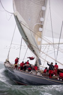 J Class racing in the J Class Regatta on The Solent, Isle of Wight, UK on July 18th 2012. Winds gusted over 30 knots during a close fought two hour race between four giant yachts built in the 1930s to race in the Americas Cup