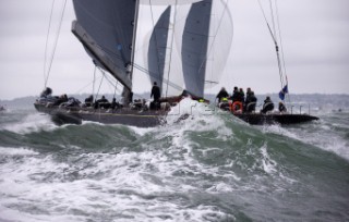 J Class racing in the J Class Regatta on The Solent, Isle of Wight, UK on July 18th 2012. Winds gusted over 30 knots during a close fought two hour race between four giant yachts built in the 1930s to race in the Americas Cup